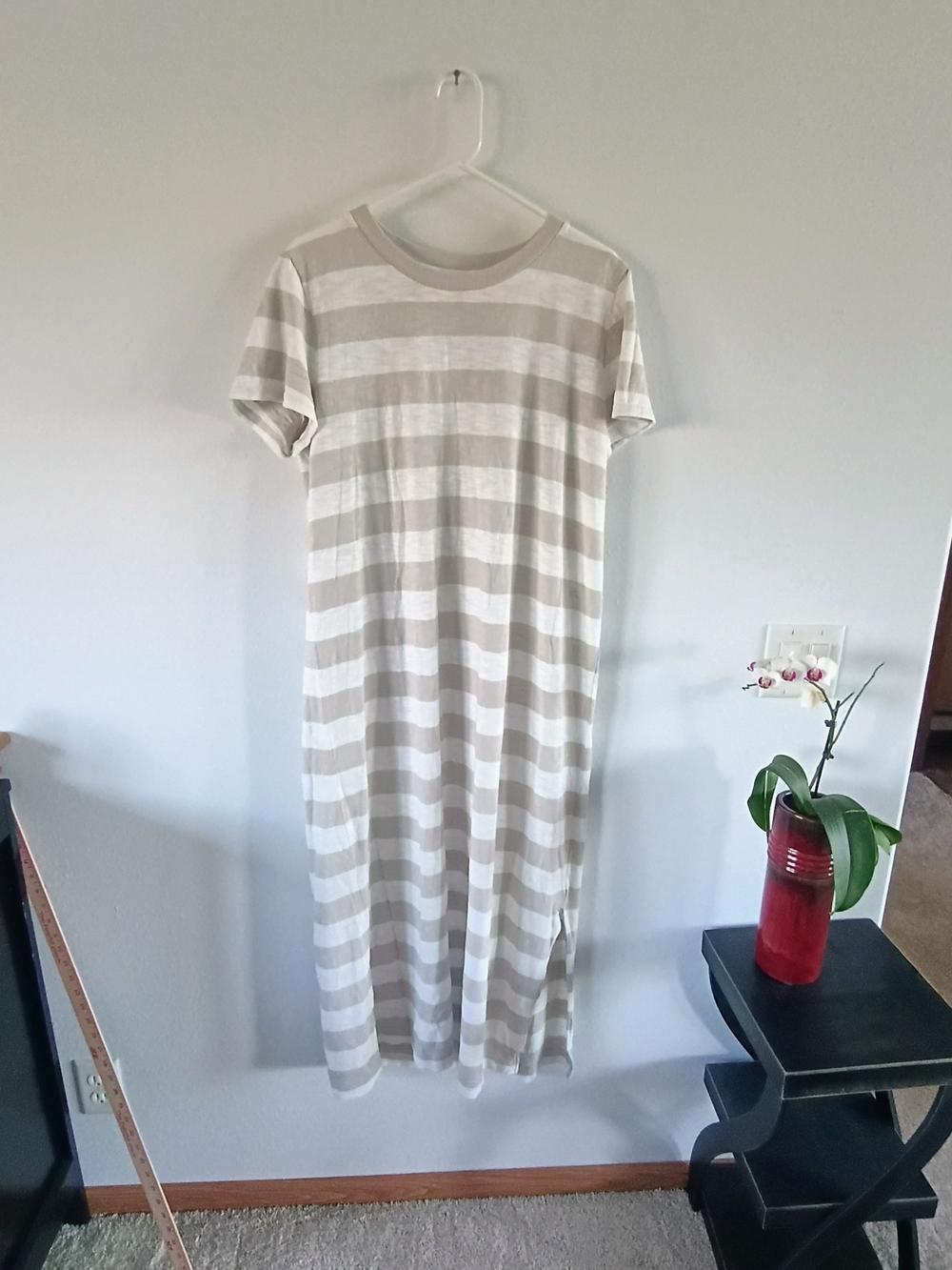 Neutral Beige White Striped Maxi Dress Relaxed Minimalist Lounge XL